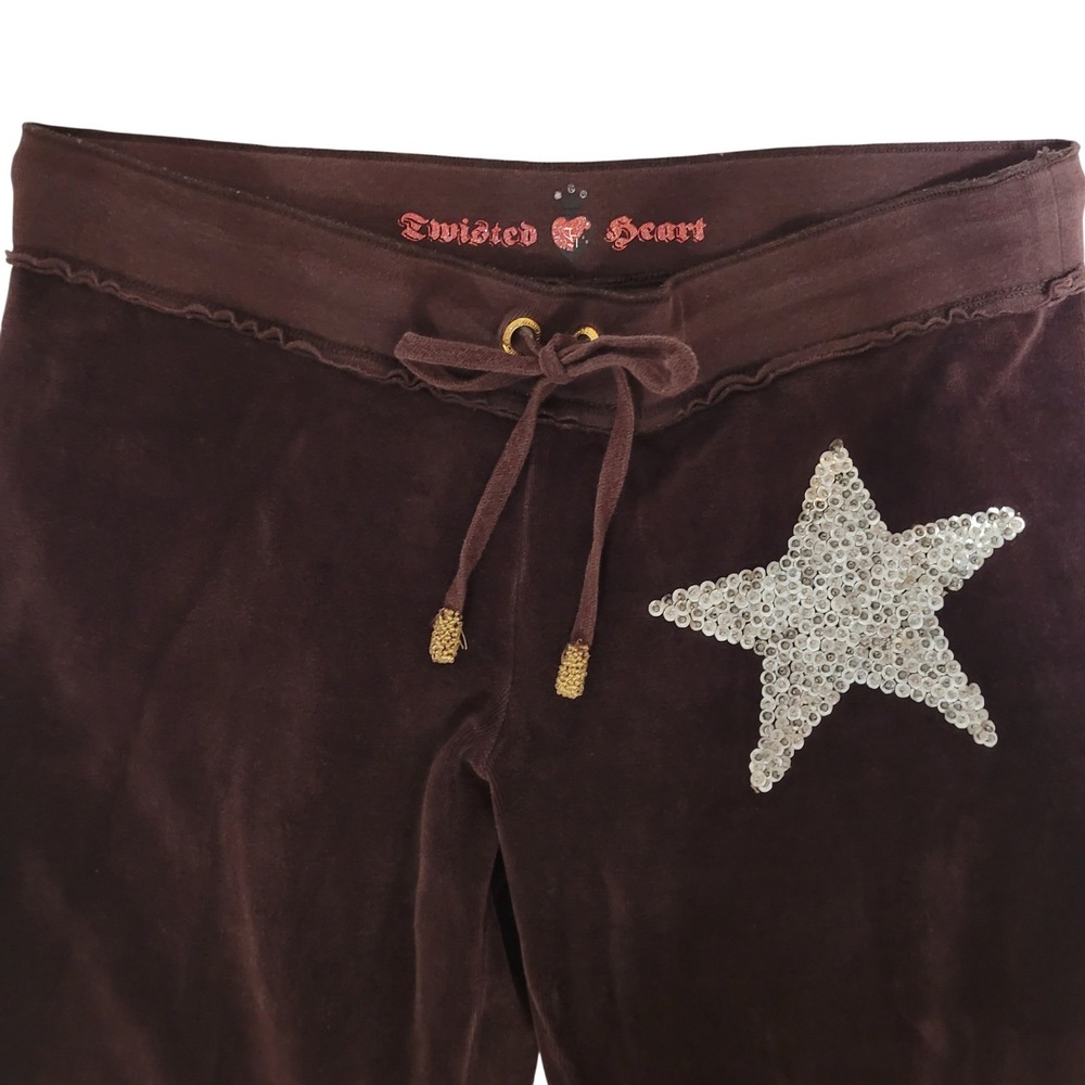 Vintage Twisted Heart Brown Velour‎ Track Pants Sequin Star Slim Flare Low Rise - Picture 4 of 8